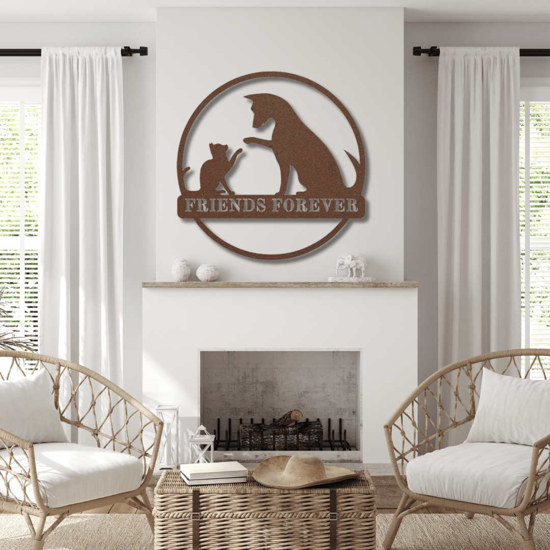 Wall Art Copper / 12 Inch Friends Forever Cat and Dog Wall Decor with Circle Frame