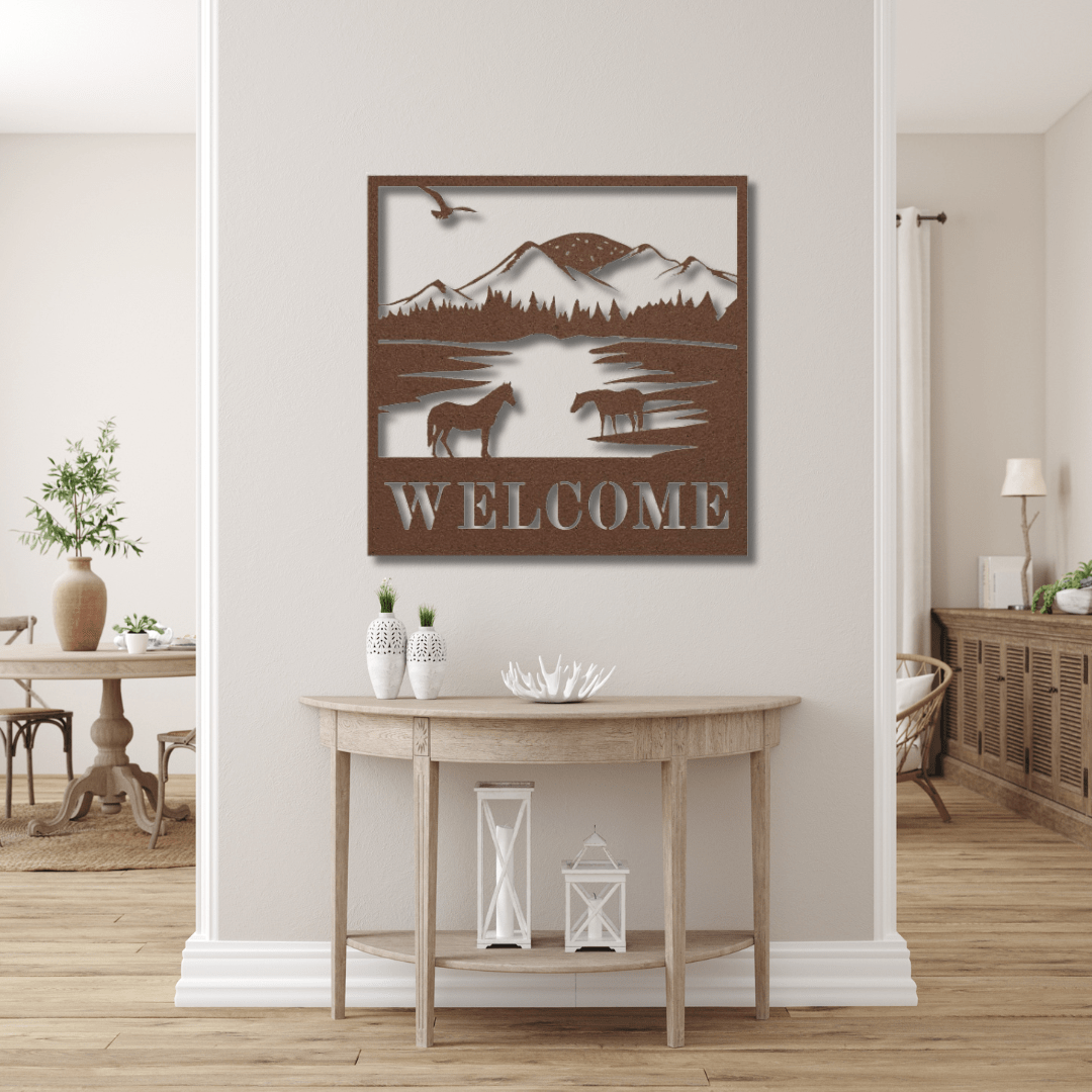 Wall Art Copper / 12 Inch Horse and Mountains Welcome Sign