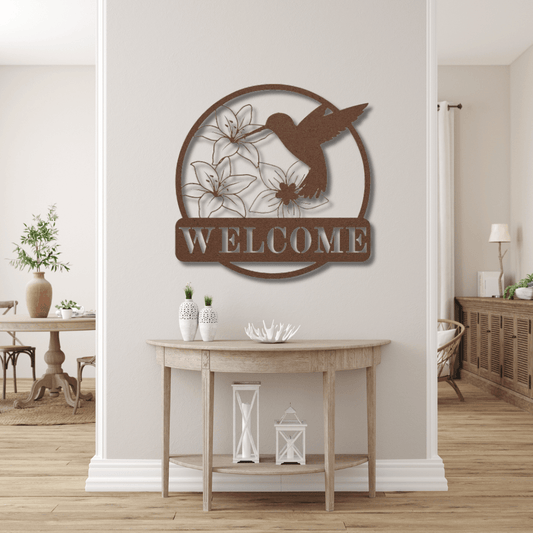 Wall Art Copper / 12 Inch Hummingbird Welcome Sign