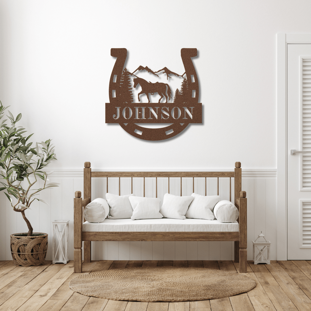 Wall Art Copper / 12 Inch Name Sign with Scenic Horse & Horse Shoe