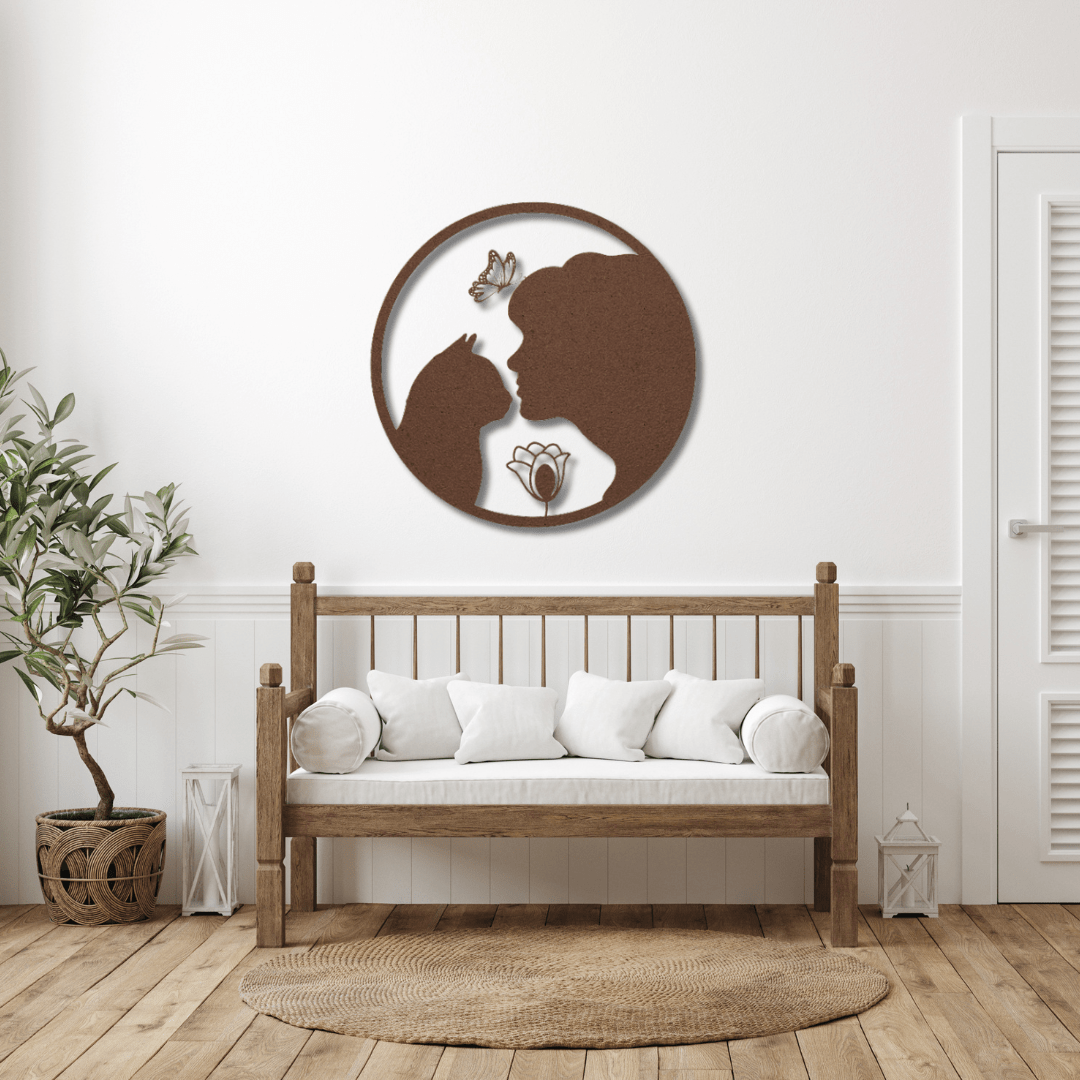 Wall Art Copper / 12 Inch Tender Moment Between Cat and Owner