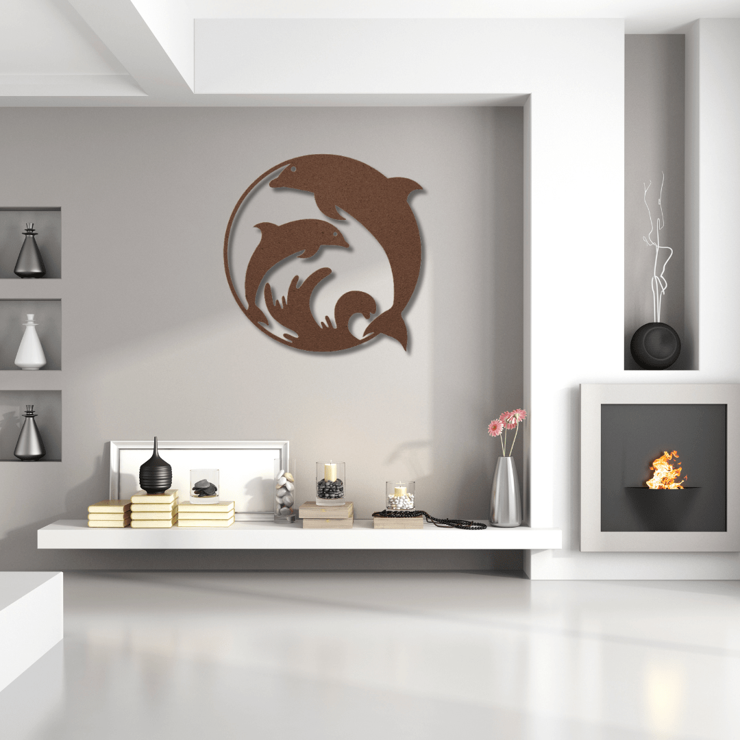 Wall Art Copper / 12 Inch Two Playful Dolphins in a Circular Frame Wall Art