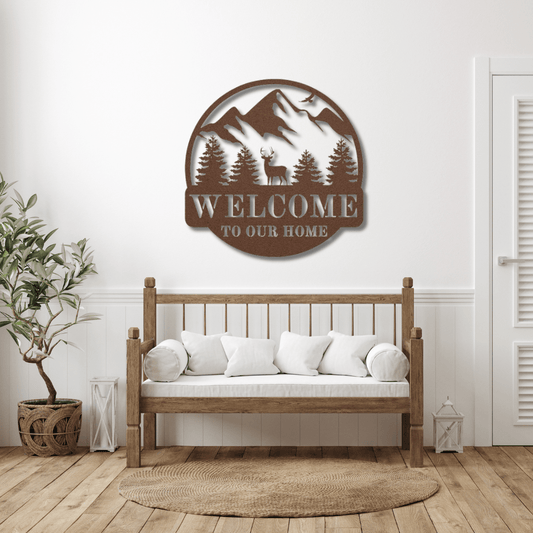 Wall Art Copper / 12 Inch Welcome Sign with Deer and Mountains