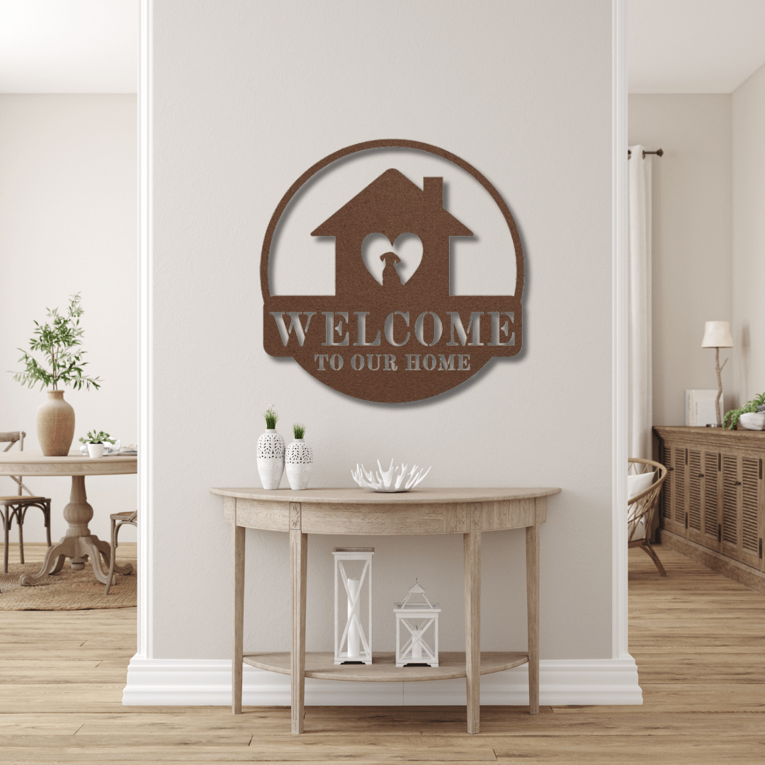 Wall Art Copper / 12 Inch Welcome to Our Home Sign with Dog