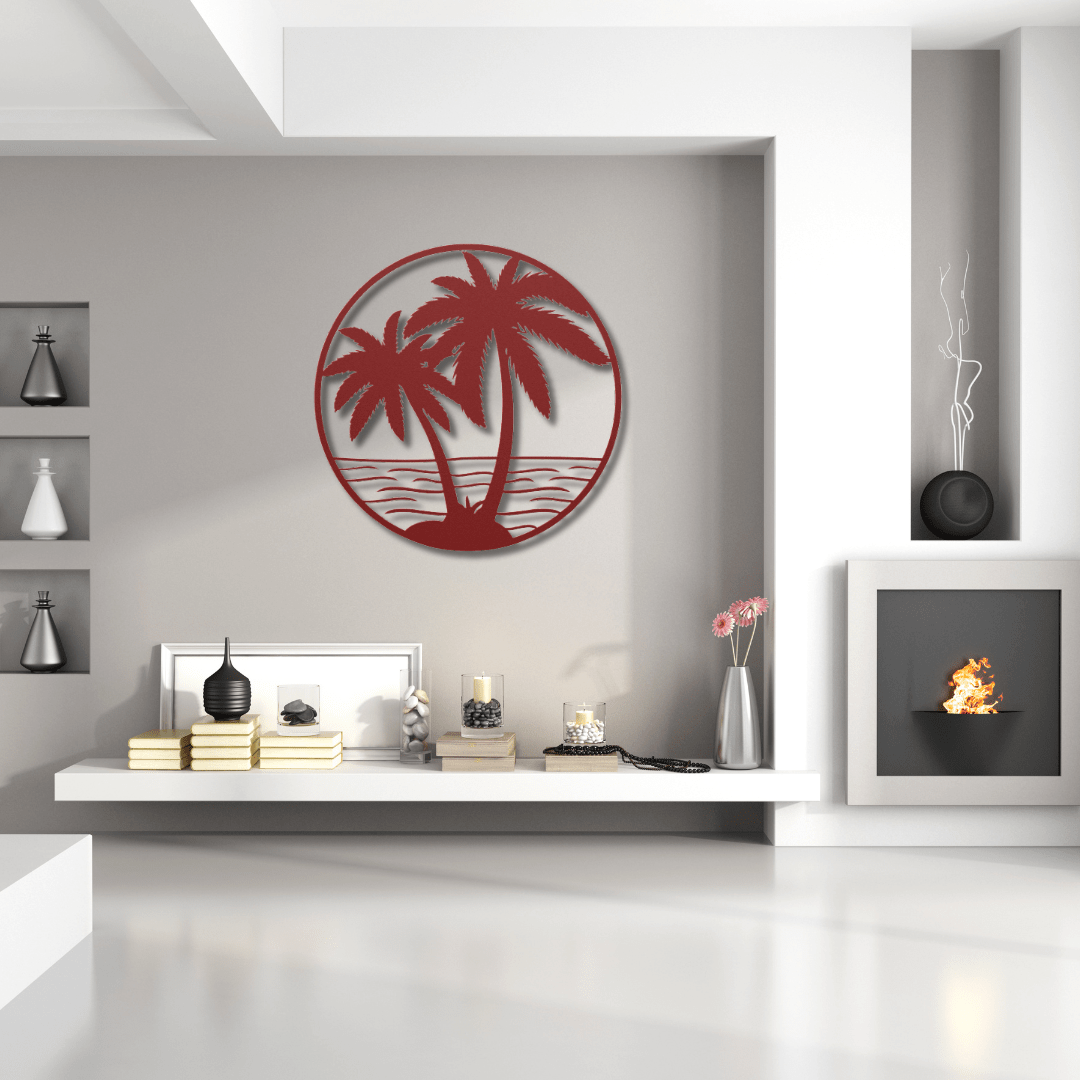 Wall Art Red / 12 Inch Beach Scene with Palm Tree Wall Art