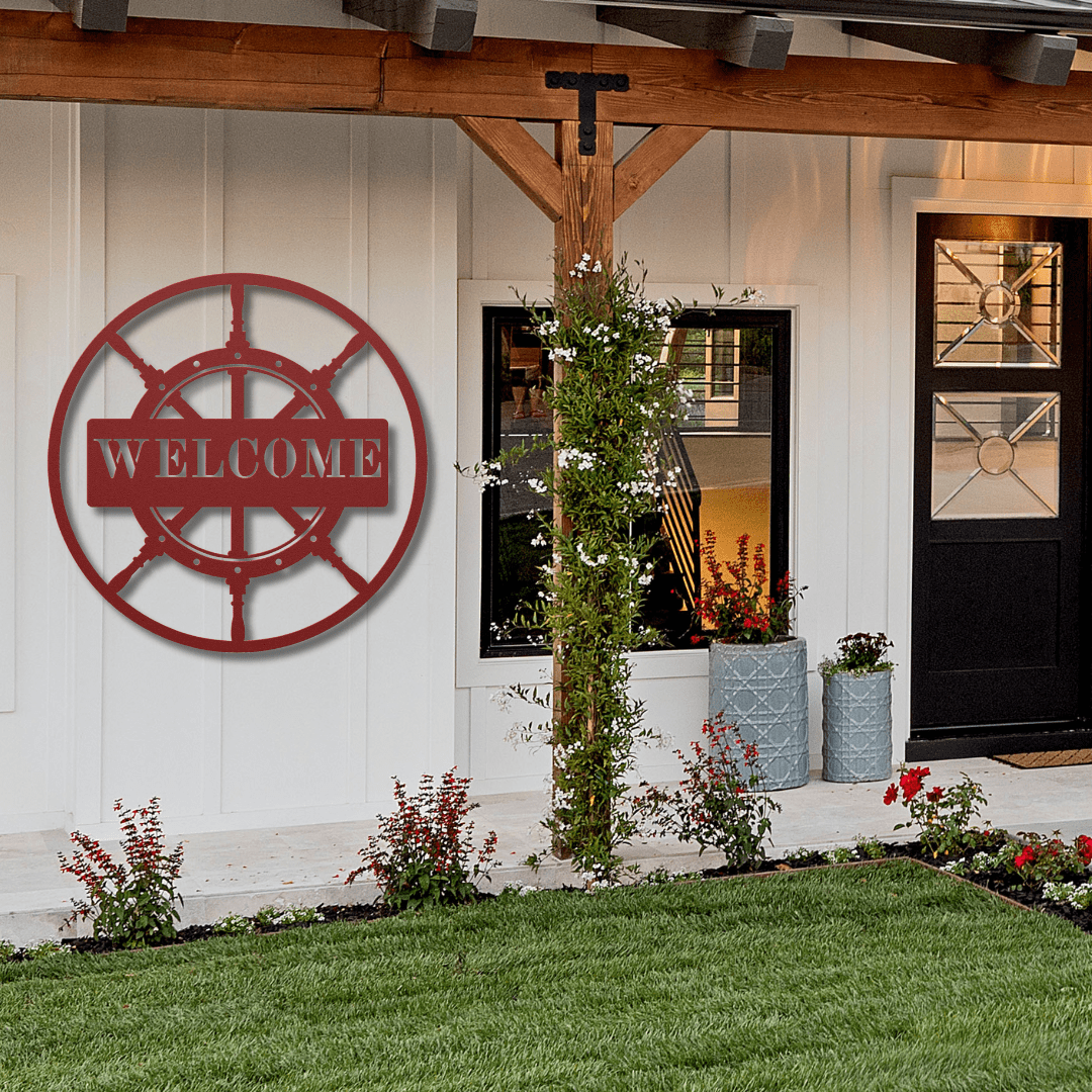 Wall Art Red / 12 Inch Boat Steering Wheel Welcome Sign