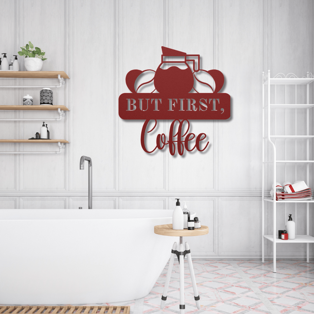 Wall Art Red / 12 Inch But First, Coffee Wall Art with Coffee Cup and Beans