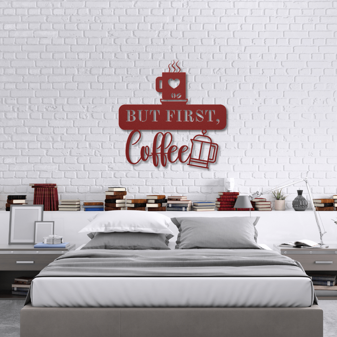 Wall Art Red / 12 Inch But First, Coffee Wall Art with French Press