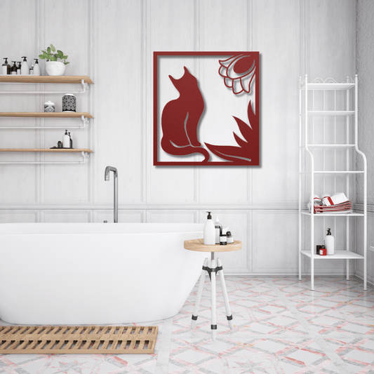 Wall Art Red / 12 Inch Cat and Flower in a Rectangle Frame