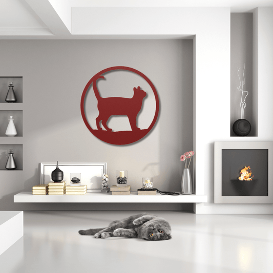 Wall Art Red / 12 Inch Cat in a Circular Frame