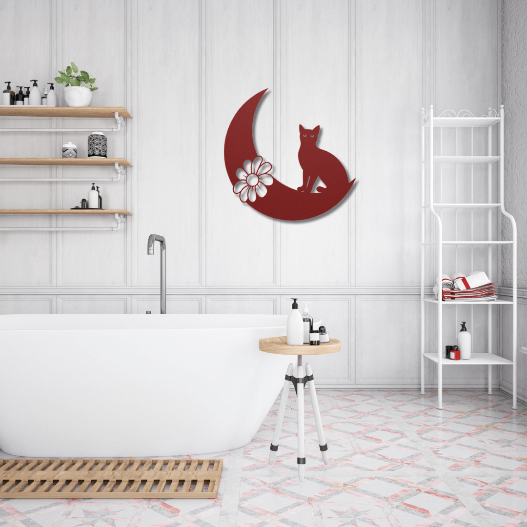 Wall Art Red / 12 Inch Cat on Crescent Moon with Flower