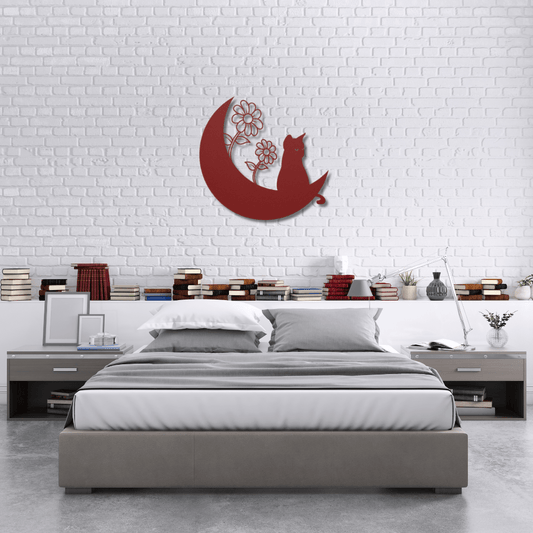 Wall Art Red / 12 Inch Cat on Crescent Moon with Two Flowers