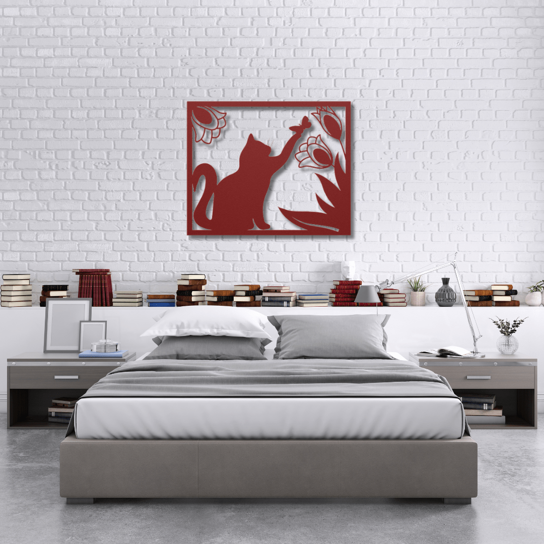 Wall Art Red / 12 Inch Cat Playing with a Butterfly in a Rectangle Frame