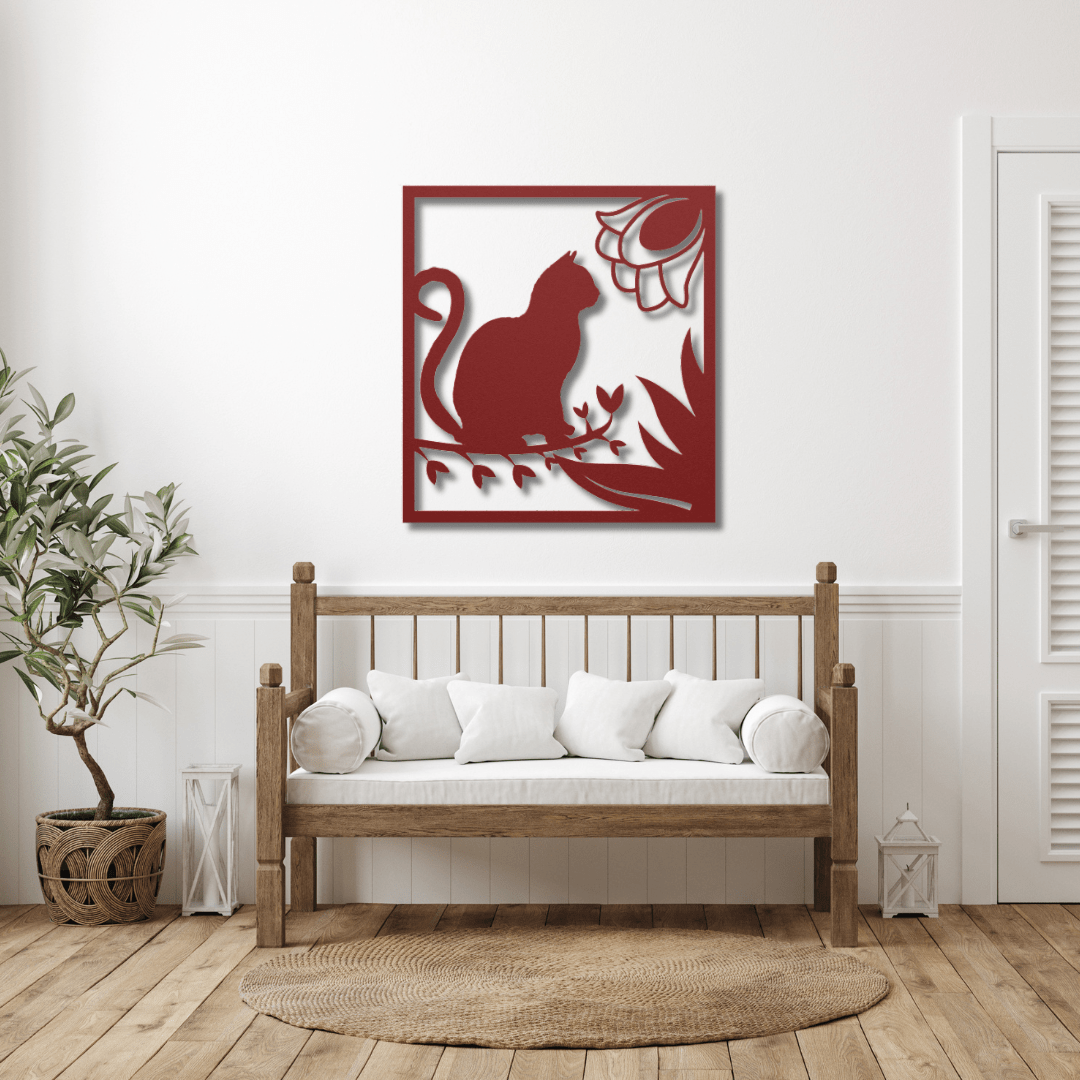 Wall Art Red / 12 Inch Cat Sitting on a Branch in a Rectangle Frame