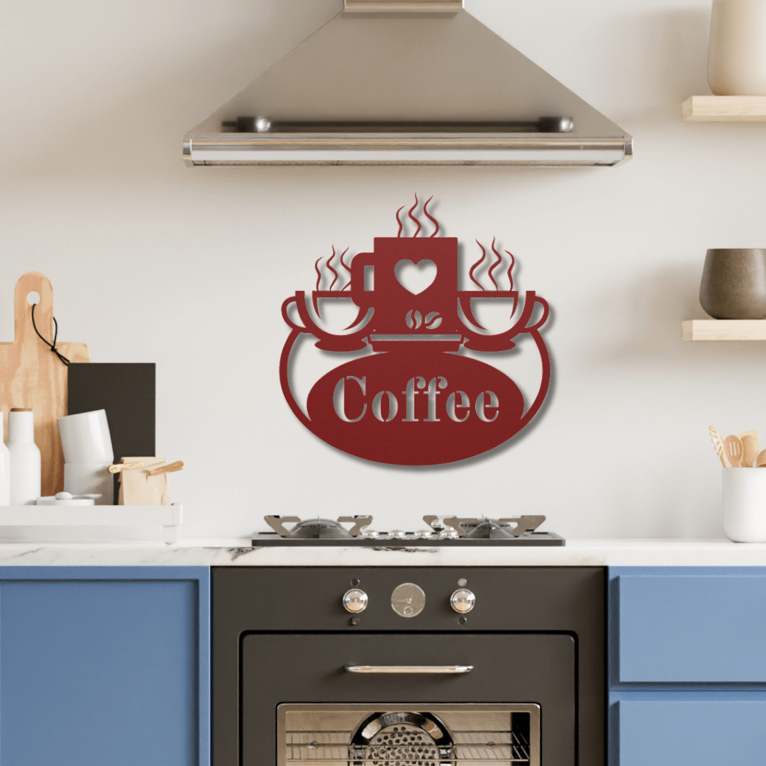 Wall Art Red / 12 Inch Coffee Kitchen Decor with Three Cups of Coffee