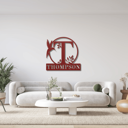 Wall Art Red / 12 Inch Custom Hummingbird Monogram and Name Sign