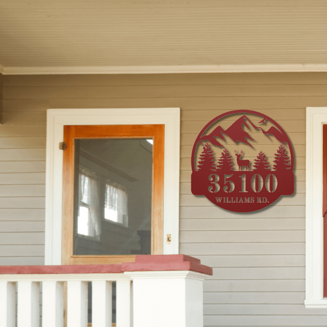 Wall Art Red / 12 Inch Custom Mountain and Deer Address Sign