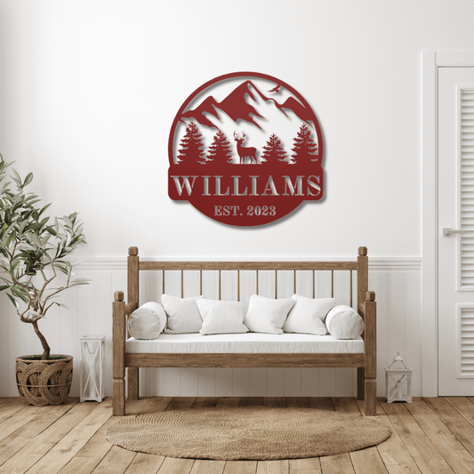 Wall Art Red / 12 Inch Custom Mountain and Deer Name Sign