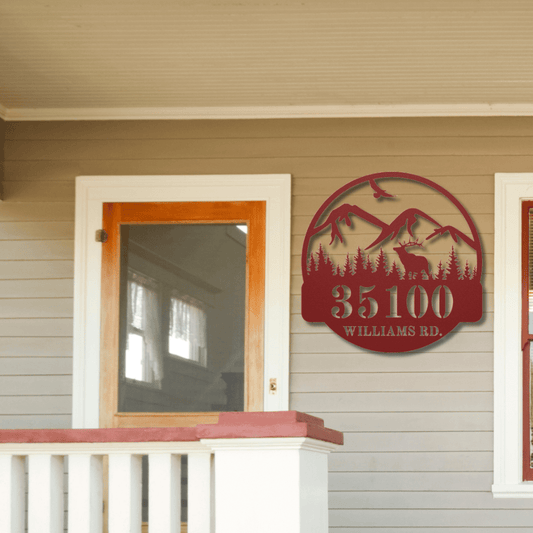 Wall Art Red / 12 Inch Custom Mountain and Elk Address Sign