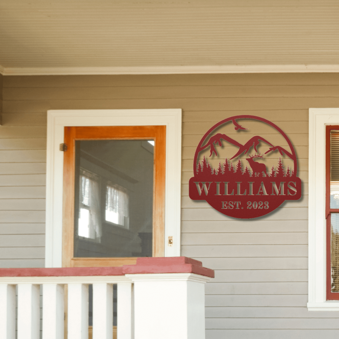 Wall Art Red / 12 Inch Custom Mountain and Elk Name Sign