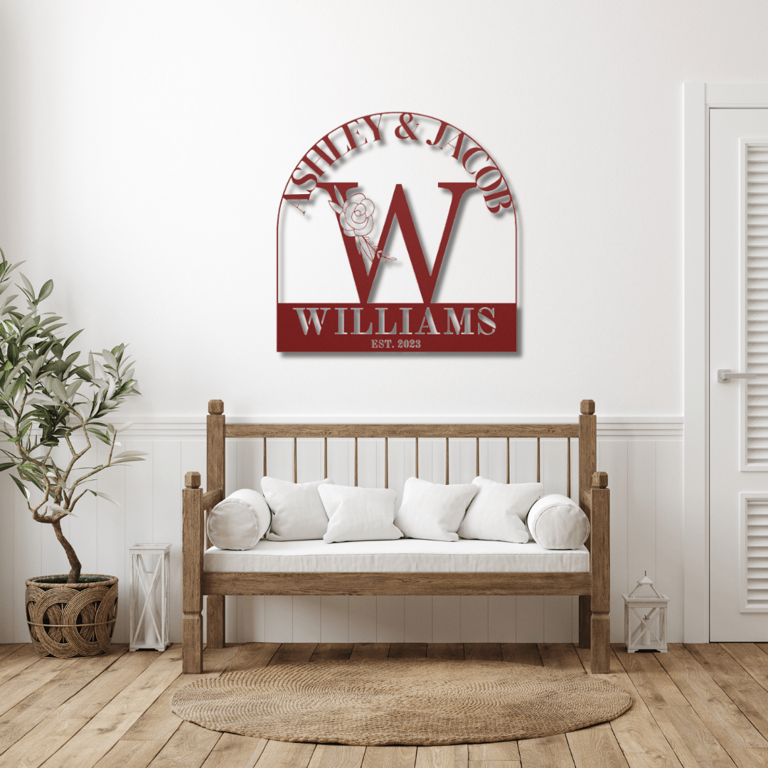 Wall Art Red / 12 Inch Custom Name and Monogram with Flower and Established Date