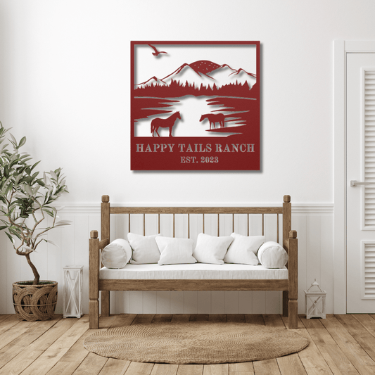 Wall Art Red / 12 Inch Custom Name Mountains and Horses