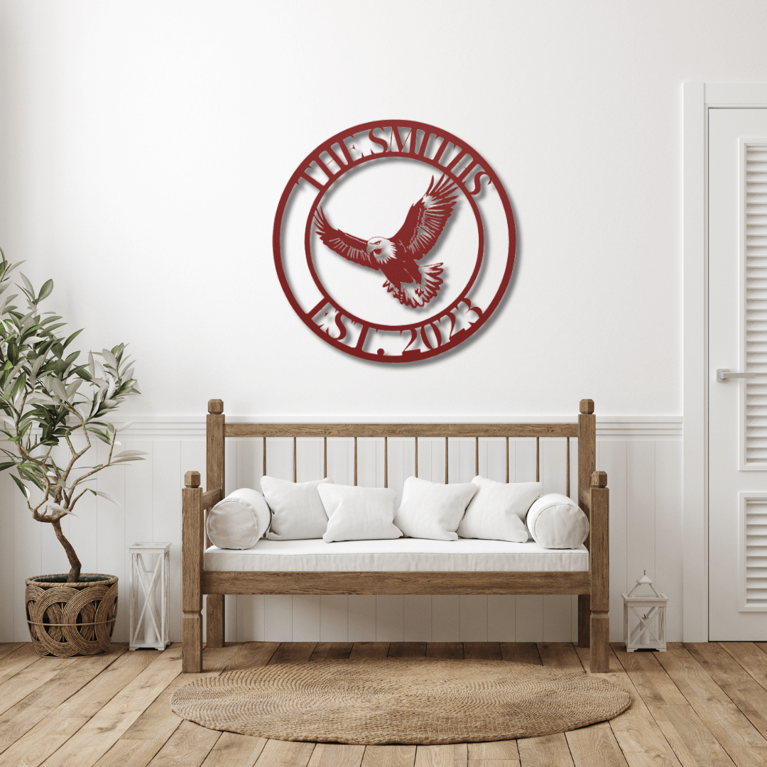 Wall Art Red / 12 Inch Custom Name Sign with Eagle and Established Date