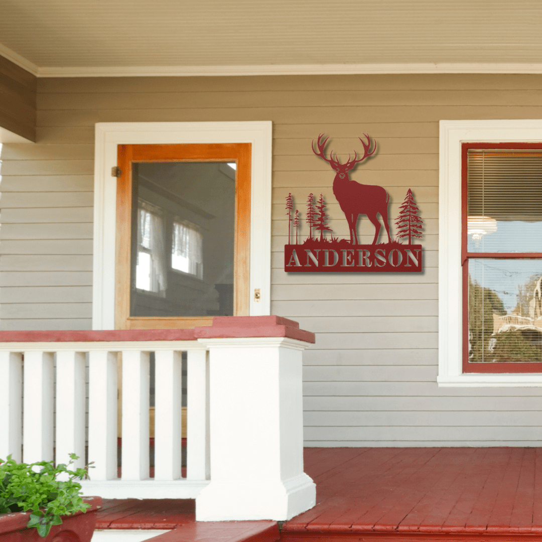 Wall Art Red / 12 Inch Custom Name Sign with Elk