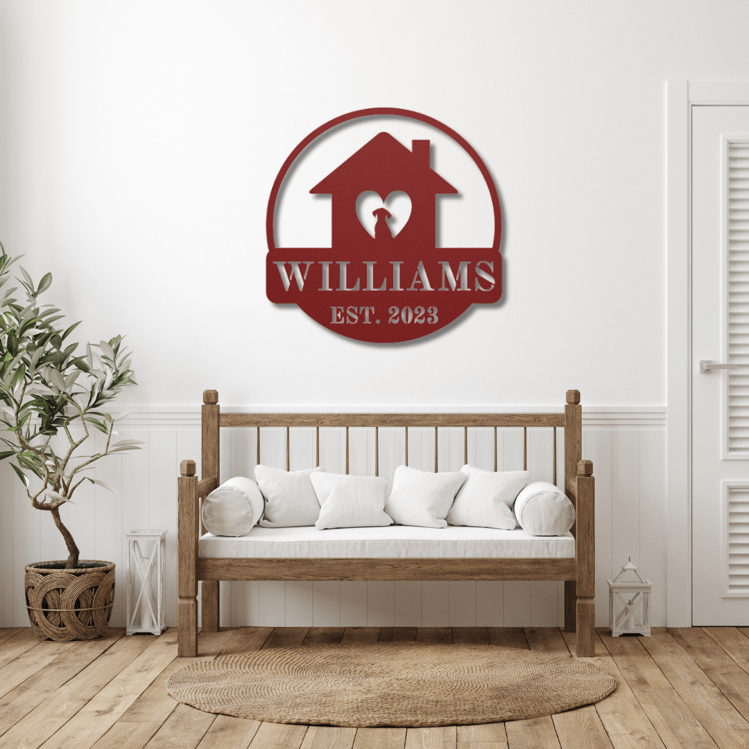 Wall Art Red / 12 Inch Custom Name Sign with House and Dog