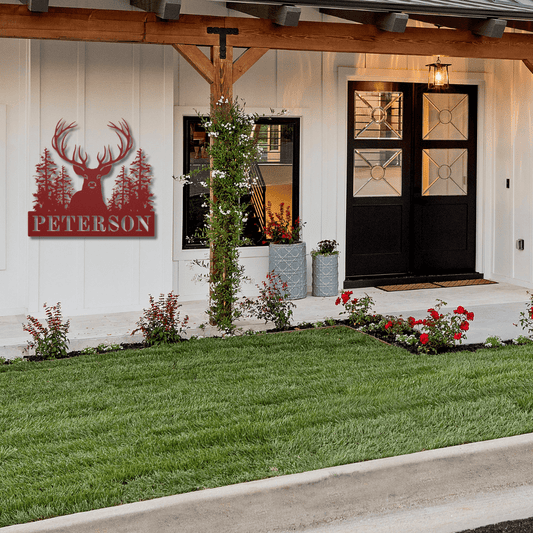 Wall Art Red / 12 Inch Custom Name Sign with Large Elk