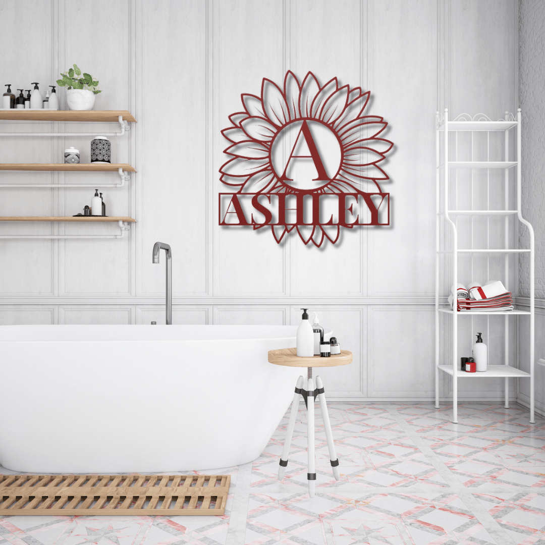 Wall Art Red / 12 Inch Custom Sunflower Monogram and Name Sign