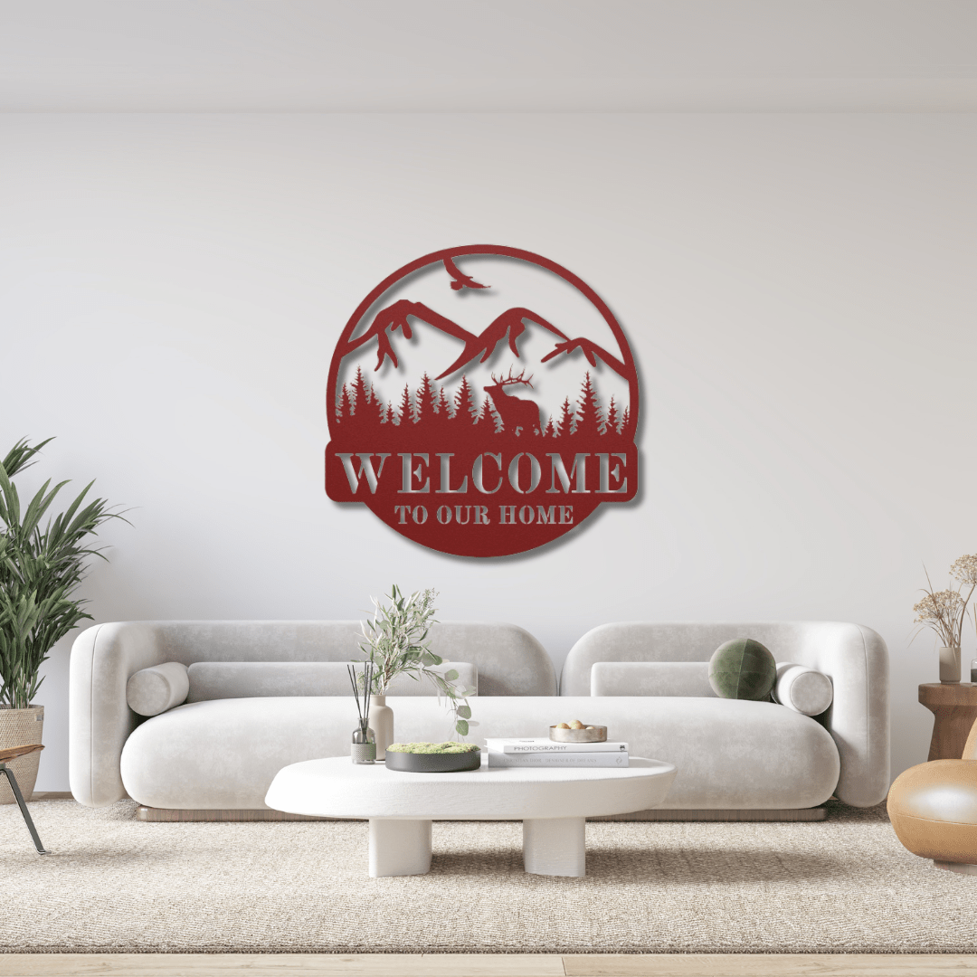 Wall Art Red / 12 Inch Elk and Mountains Welcome Sign