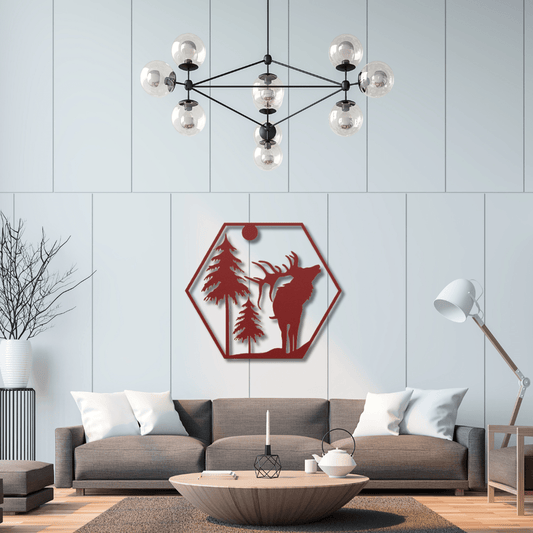 Wall Art Red / 12 Inch Elk Scene in a Hexagon Frame