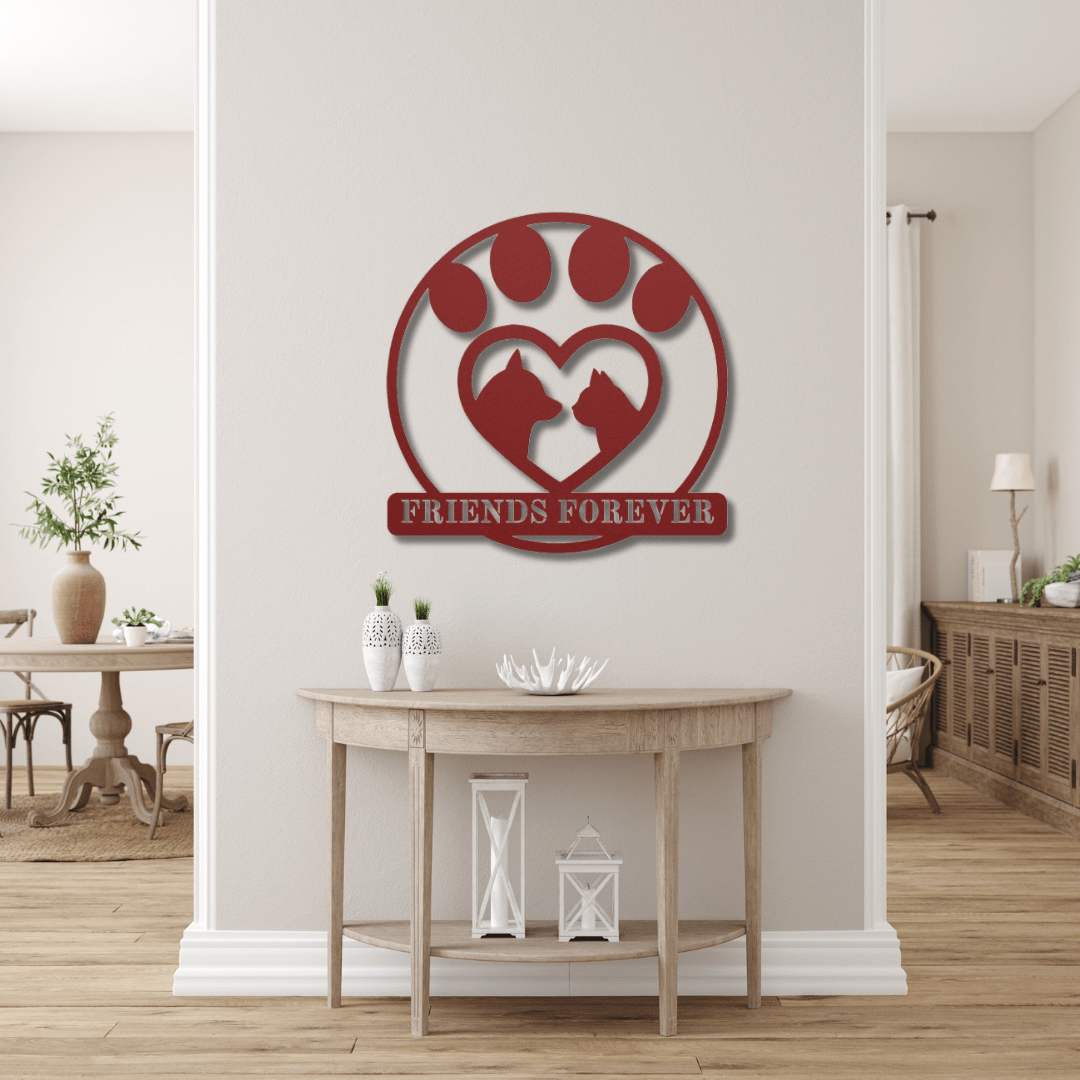 Wall Art Red / 12 Inch Friends Forever Cat and Dog Heart Paw Print Wall Art