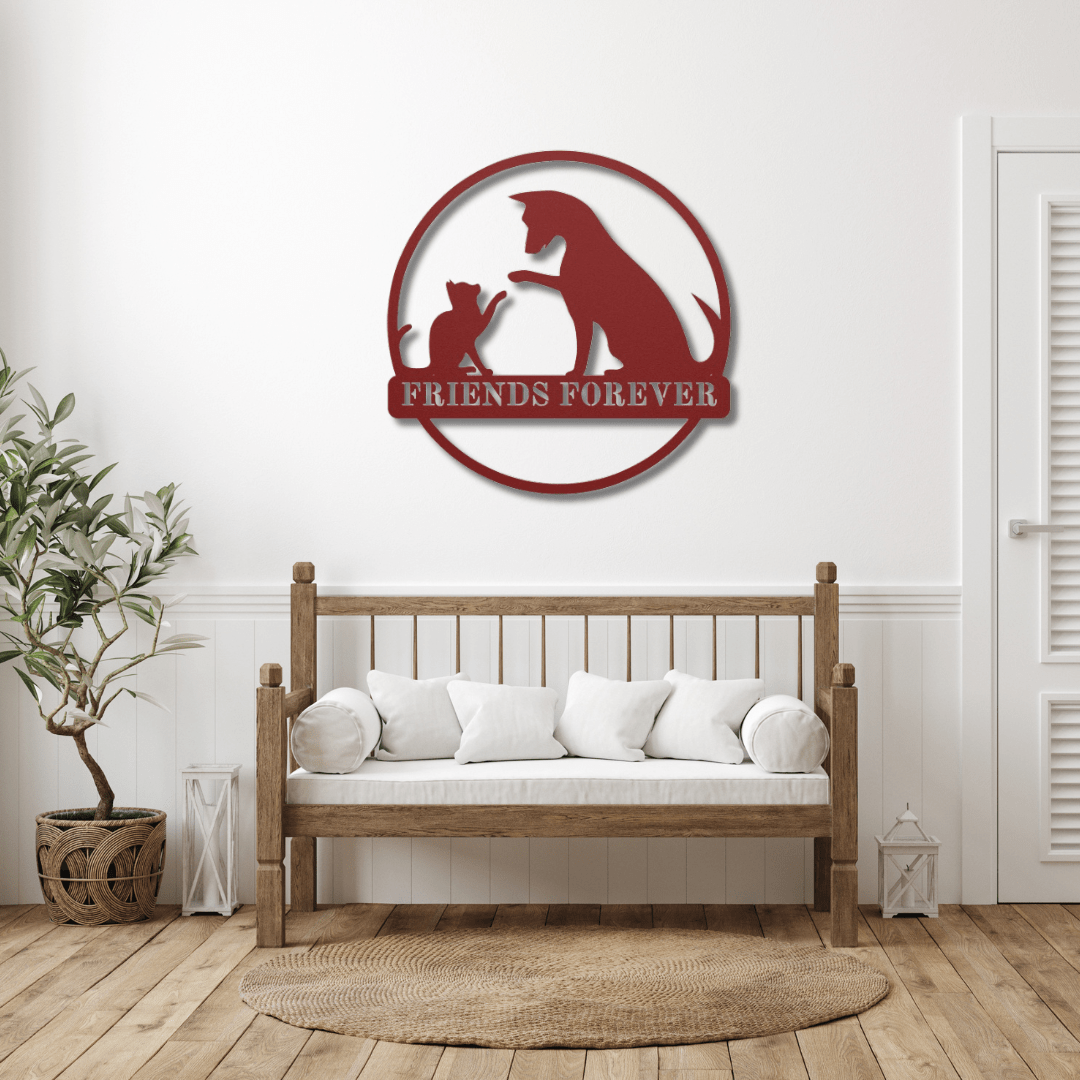 Wall Art Red / 12 Inch Friends Forever Cat and Dog Wall Decor with Circle Frame