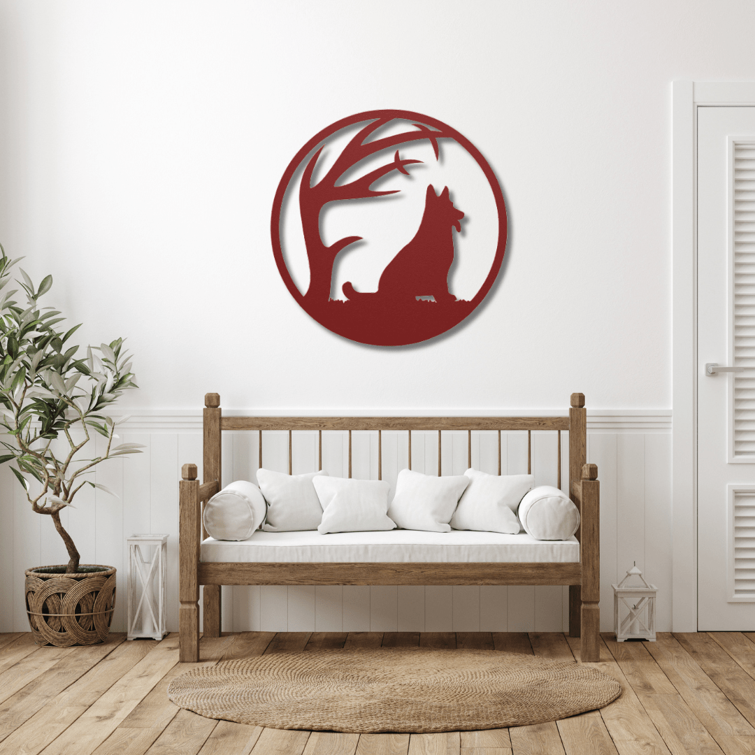 Wall Art Red / 12 Inch Gazing Dog in Circular Frame