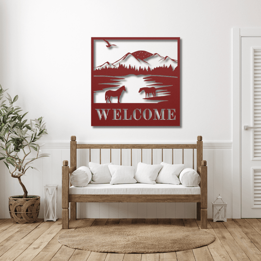 Wall Art Red / 12 Inch Horse and Mountains Welcome Sign