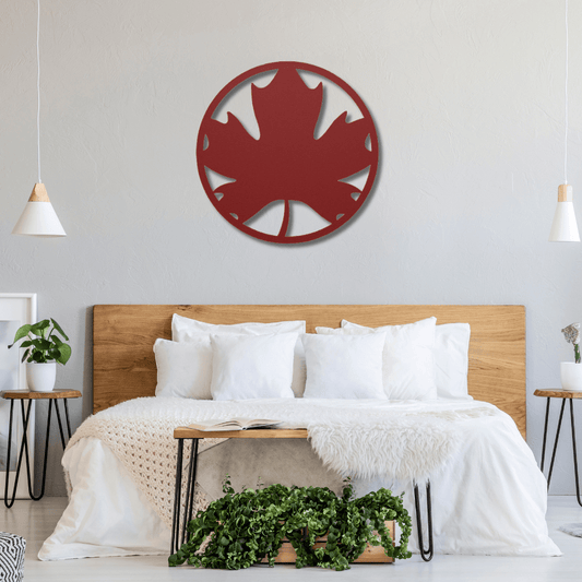 Wall Art Red / 12 Inch Maple Leaf in a Circular Frame