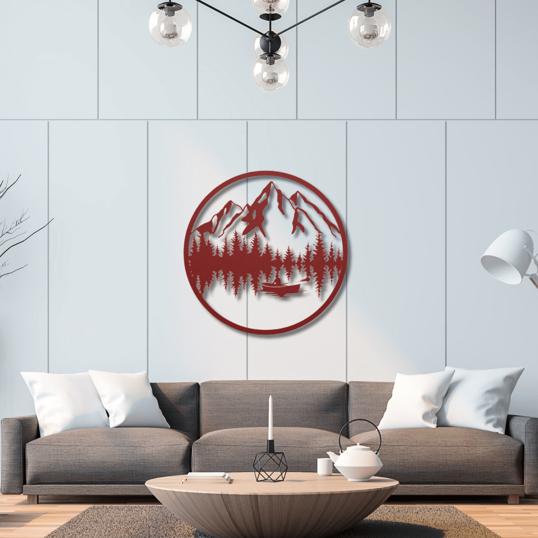 Wall Art Red / 12 Inch Mountain and Boat Scene Wall Art