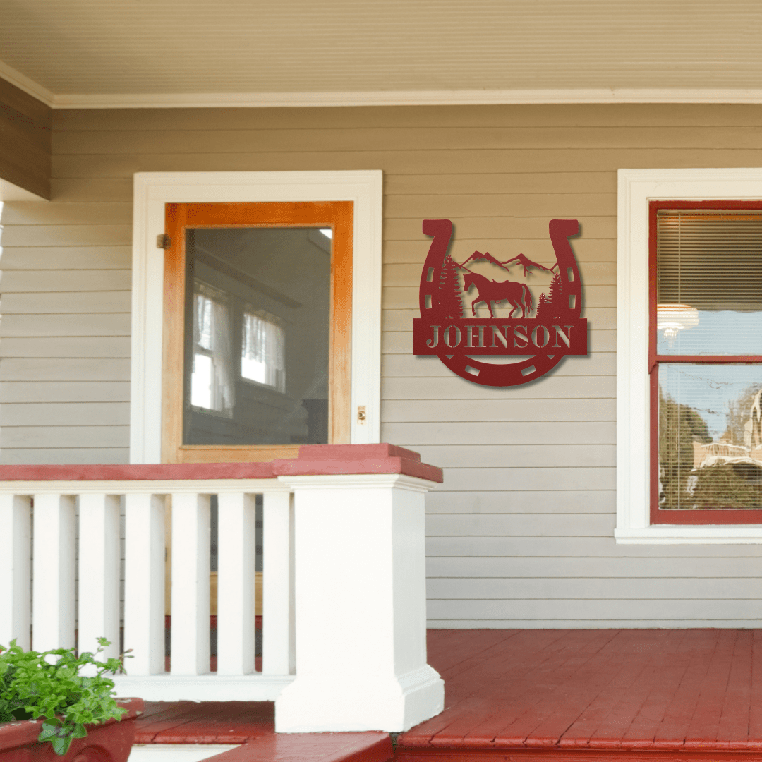 Wall Art Red / 12 Inch Name Sign with Scenic Horse & Horse Shoe