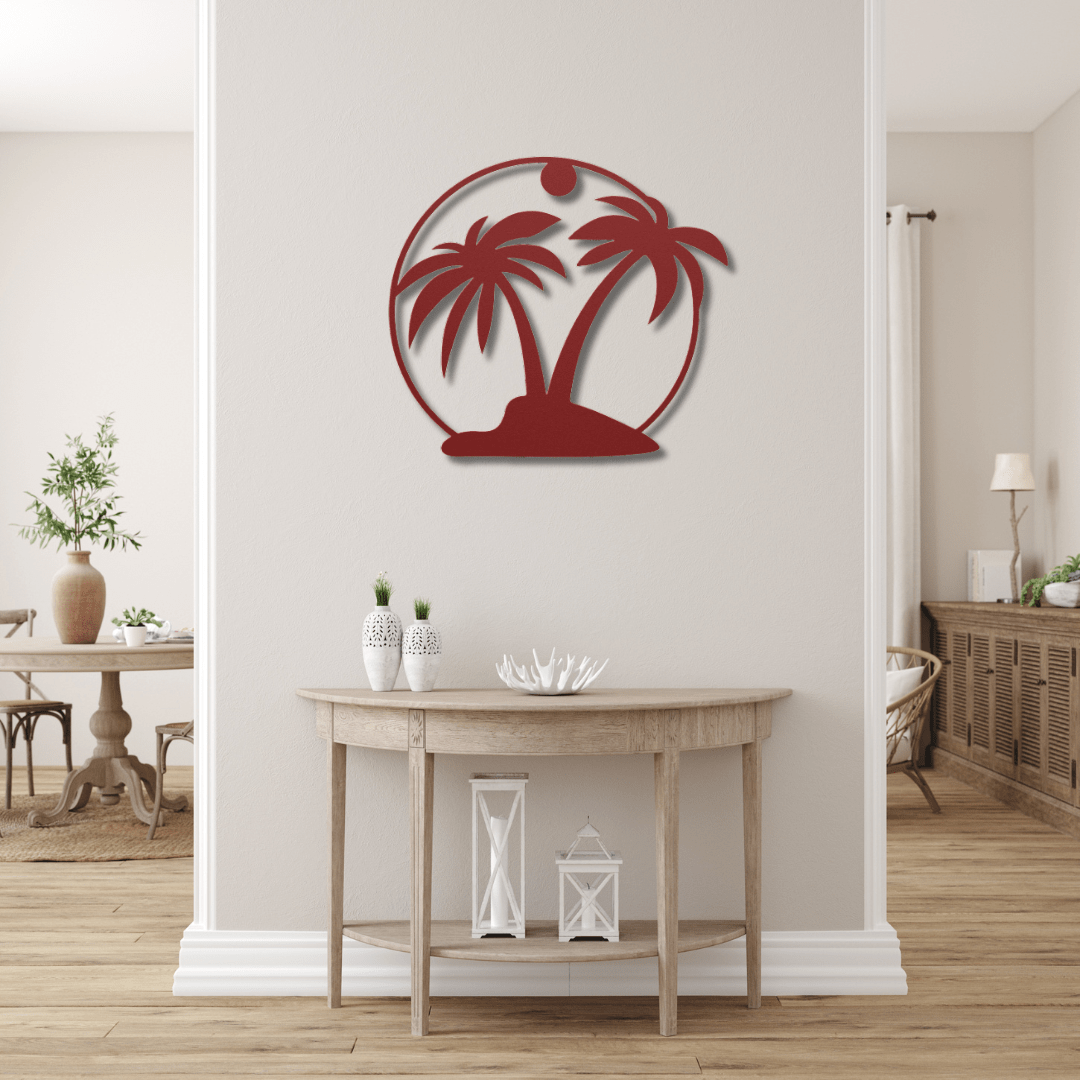 Wall Art Red / 12 Inch Palm Tree Wall Art in a Circular Frame