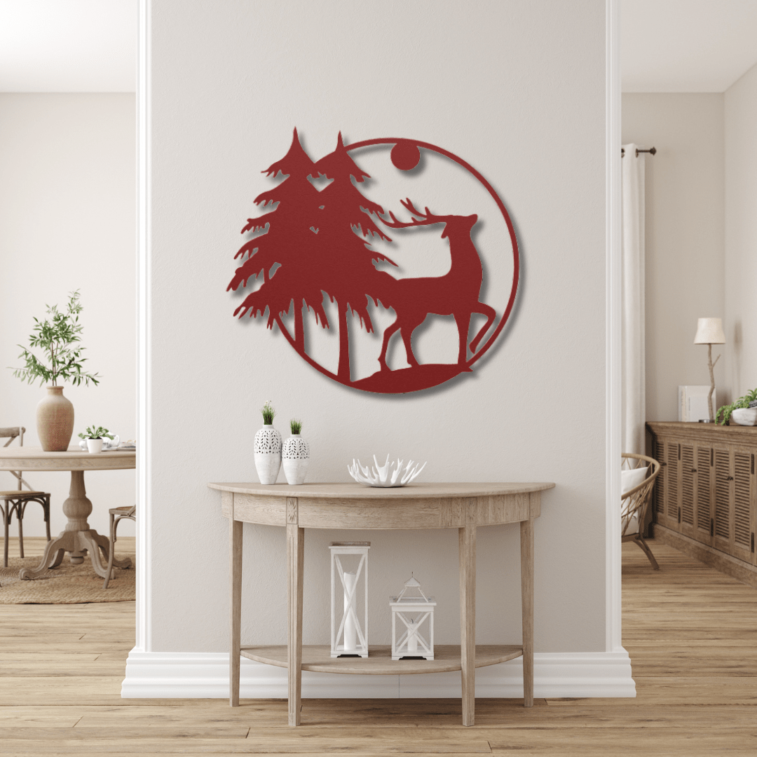 Wall Art Red / 12 Inch Prancing Christmas Reindeer in Circular Frame