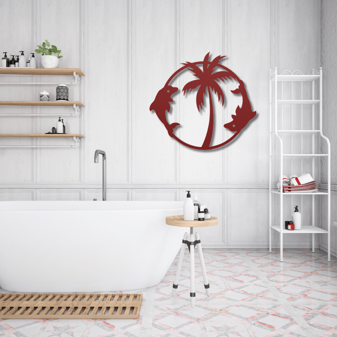 Wall Art Red / 12 Inch Two Dolphin Circular Frame with Palm Tree