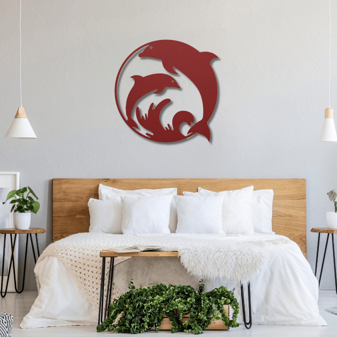 Wall Art Red / 12 Inch Two Playful Dolphins in a Circular Frame Wall Art