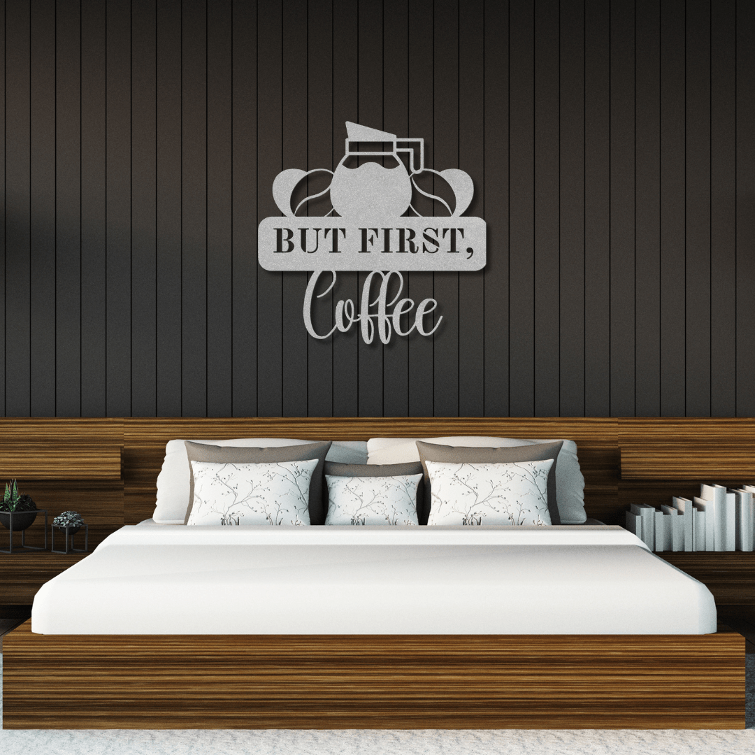 Wall Art Silver / 12 Inch But First, Coffee Wall Art with Coffee Cup and Beans