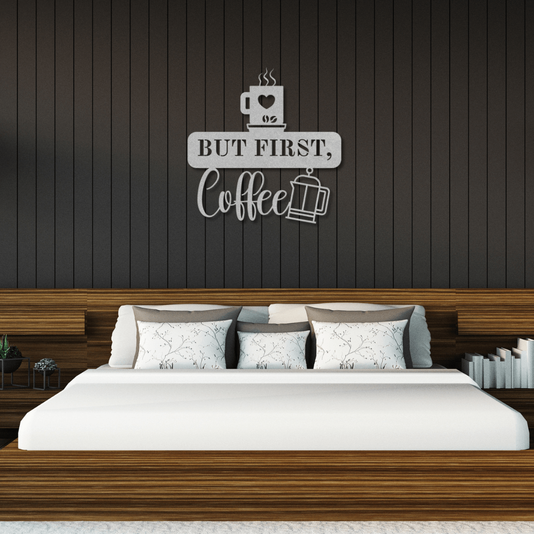 Wall Art Silver / 12 Inch But First, Coffee Wall Art with French Press