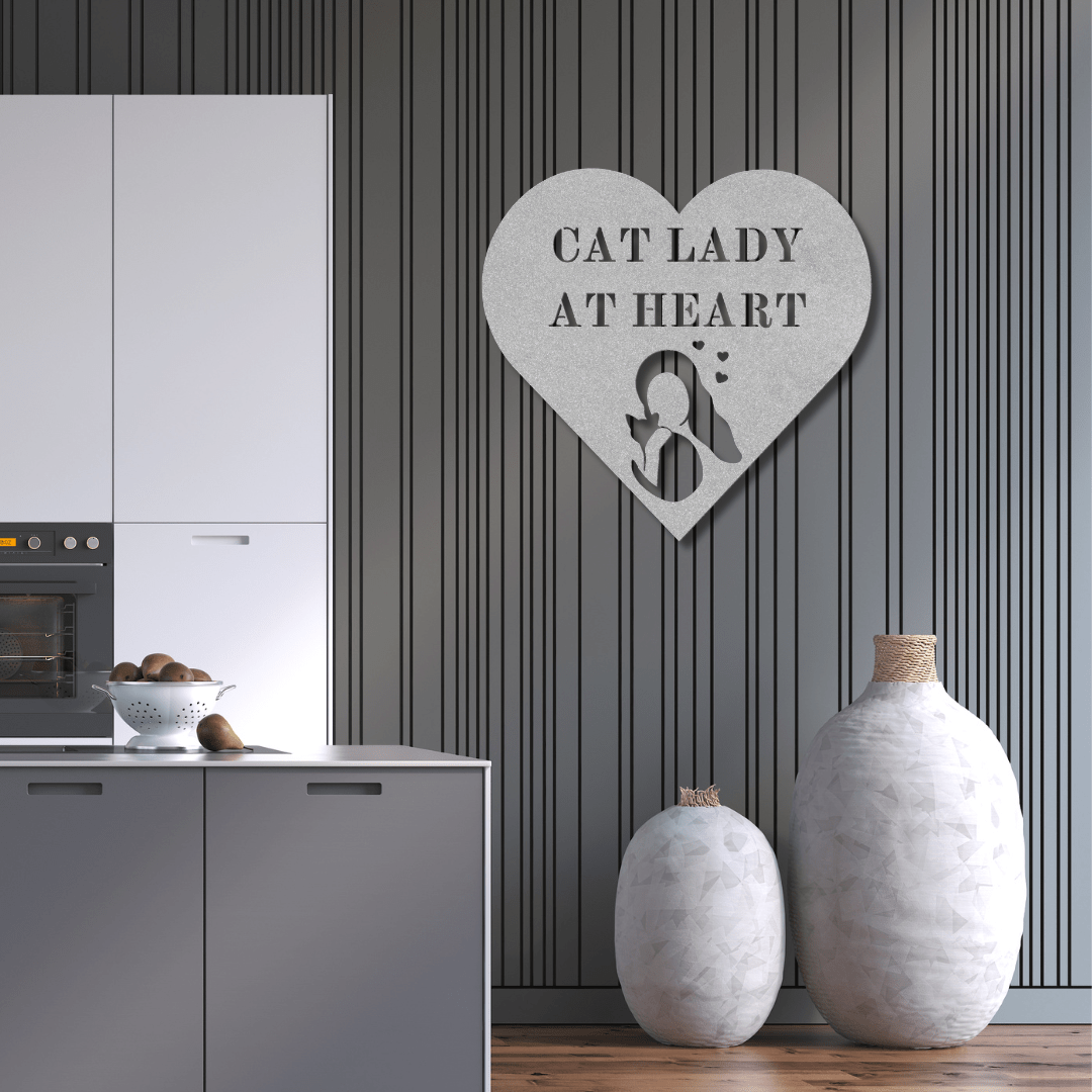 Wall Art Silver / 12 Inch Cat Lady At Heart Wall Art in a Heart Shape