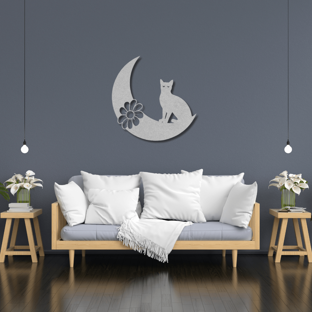 Wall Art Silver / 12 Inch Cat on Crescent Moon with Flower