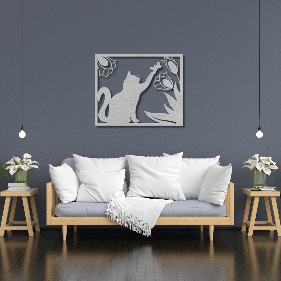 Wall Art Silver / 12 Inch Cat Playing with a Butterfly in a Rectangle Frame