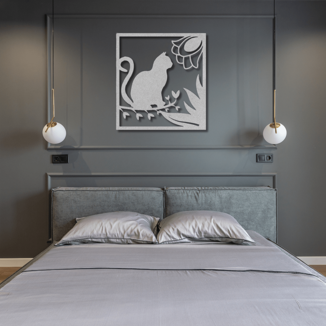 Wall Art Silver / 12 Inch Cat Sitting on a Branch in a Rectangle Frame